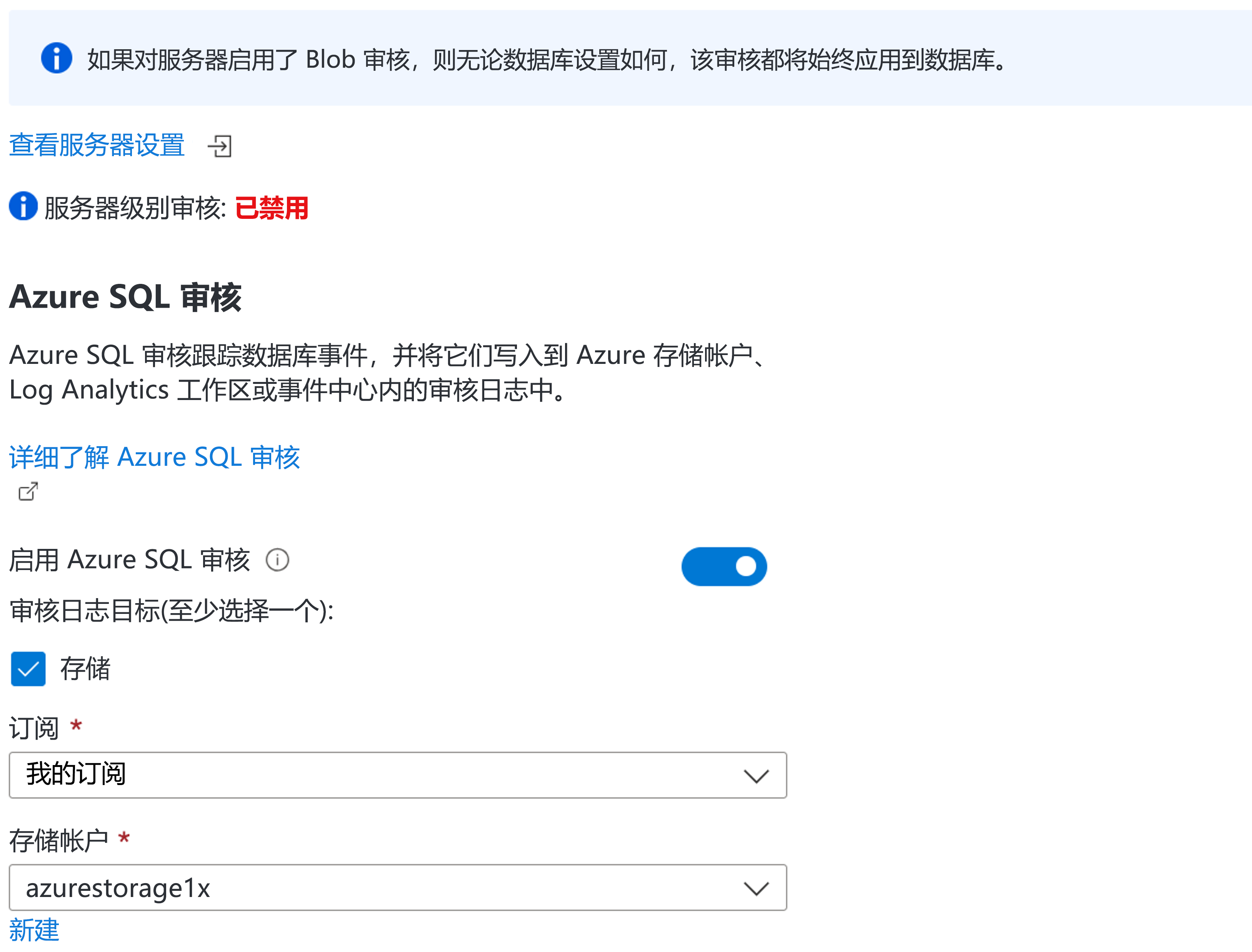 显示使用 Azure 门户的审核配置的示例的屏幕截图。