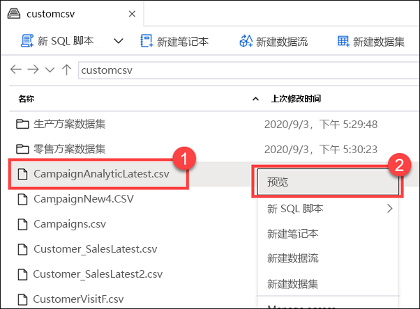 在 Azure Synapse Studio 的数据中心中预览数据