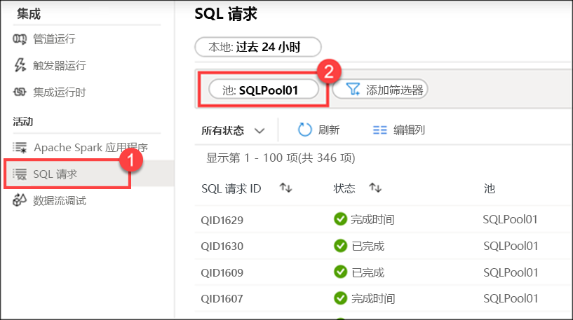 Azure Synapse Studio 的监视中心中的 SQL 请求