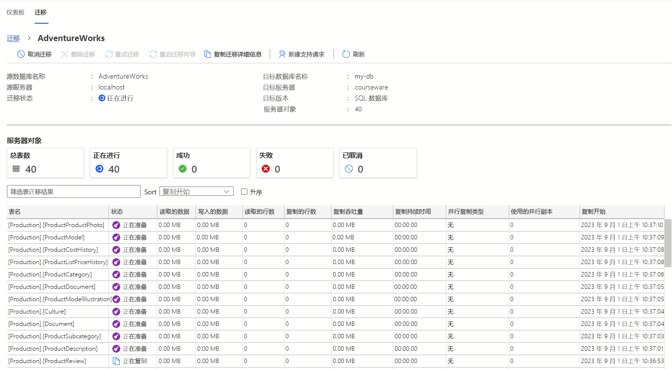 适用于 Azure Data Studio 的 Azure 迁移扩展上的迁移详细信息屏幕截图。