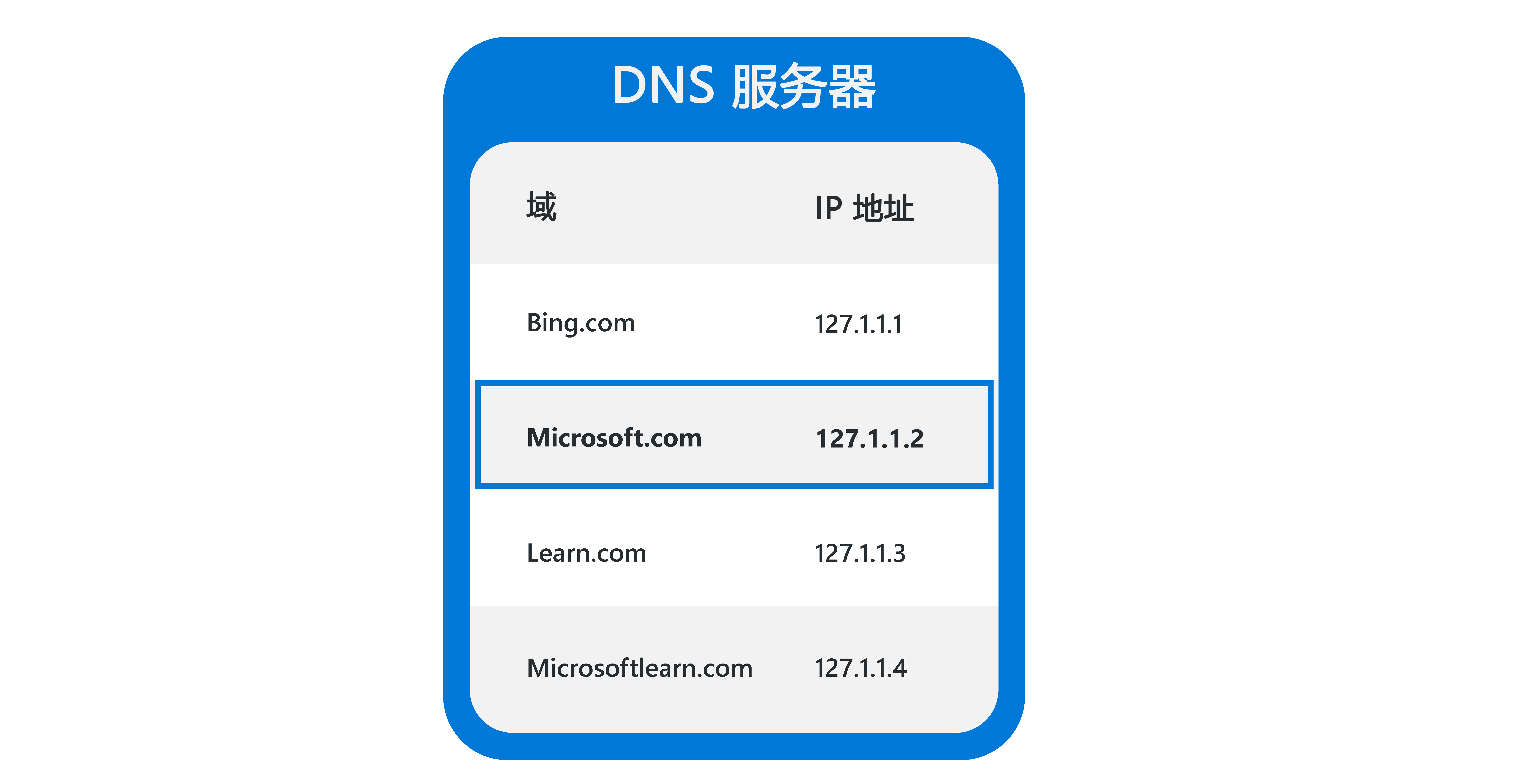 显示 DNS 查找表的简化表示形式的关系图，其中找到了域 microsoft.com，并提供了相应的 IP 地址。