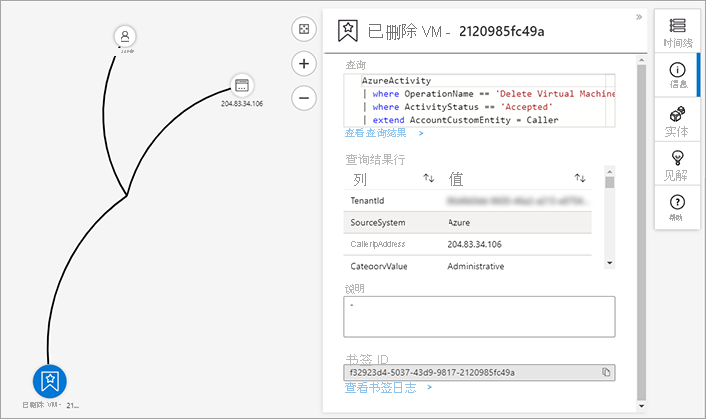 已删除的虚拟机事件的“调查关系图”页面的屏幕截图。