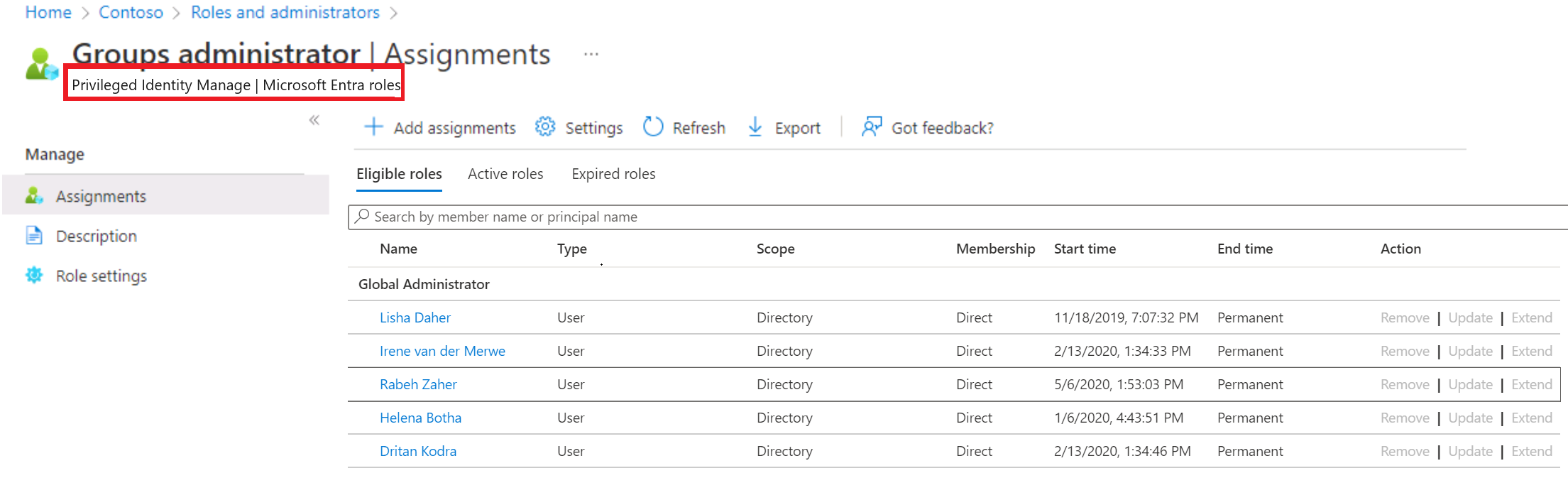 为分配全局管理员且具有高级 P2 许可证的用户的 Privileged Identity Manager 的屏幕截图。