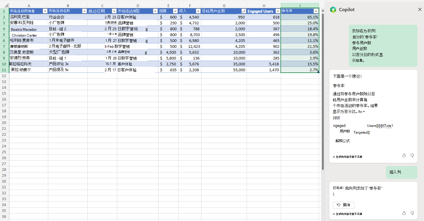 Excel 中 Copilot 插入参与率列的屏幕截图。