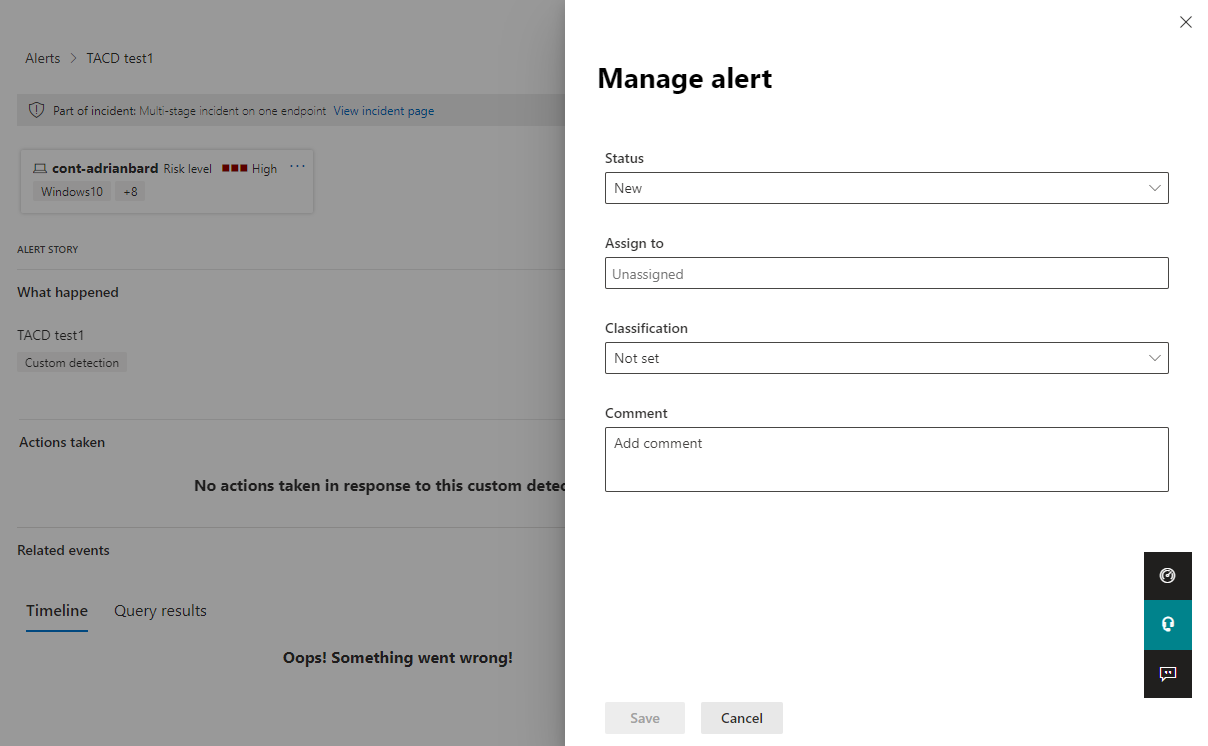 Screenshot of the Manage Alert pane in the Microsoft 365 Defender portal.