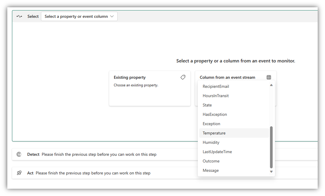 Screenshot of selecting trigger column in Data Activator.