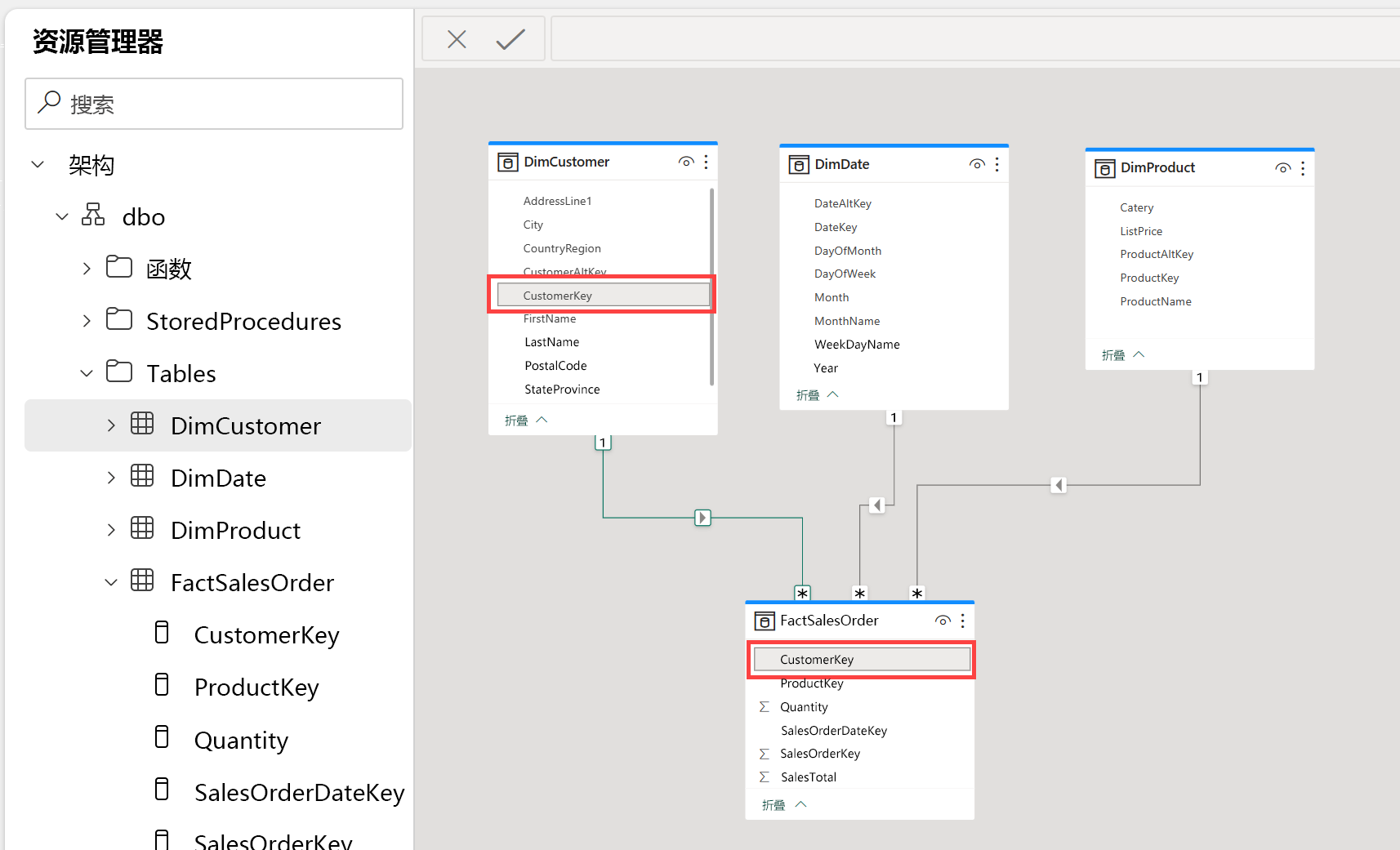 Screenshot of the model view in Fabric displaying relationships between a fact table and three dimension tables.