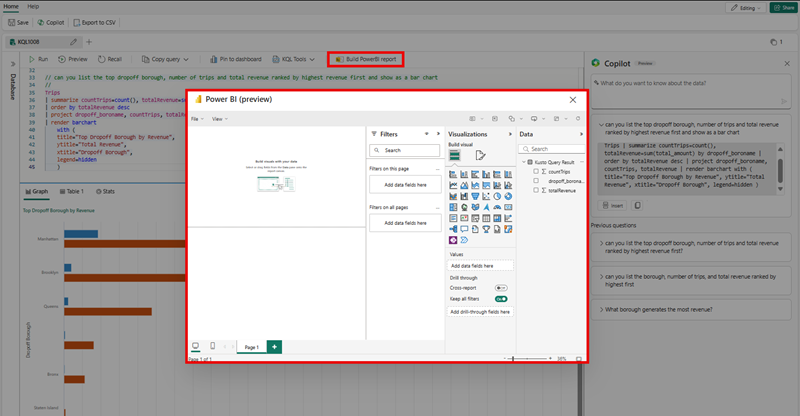 无代码 Copilot“生成 PowerBI 报表”的屏幕截图。