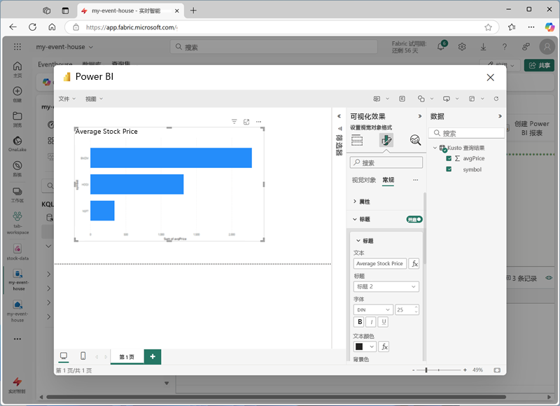 Microsoft Fabric 中 Power BI 报表编辑器的屏幕截图。