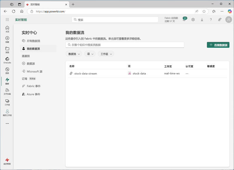 Microsoft Fabric 实时中心的屏幕截图。