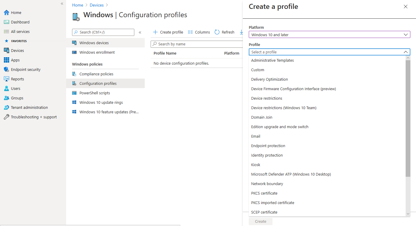 This screenshot shows the Configuration profiles screen after the Create Profile button is selected. The Windows 10 and later platform has been selected, and is now prompting for a profile, with several options listed- Listed options include Administrative templates, custom, delivery optimization, device firmware configuration, Device restrictions, Domain Join, Edition Upgrade and switch, etc.