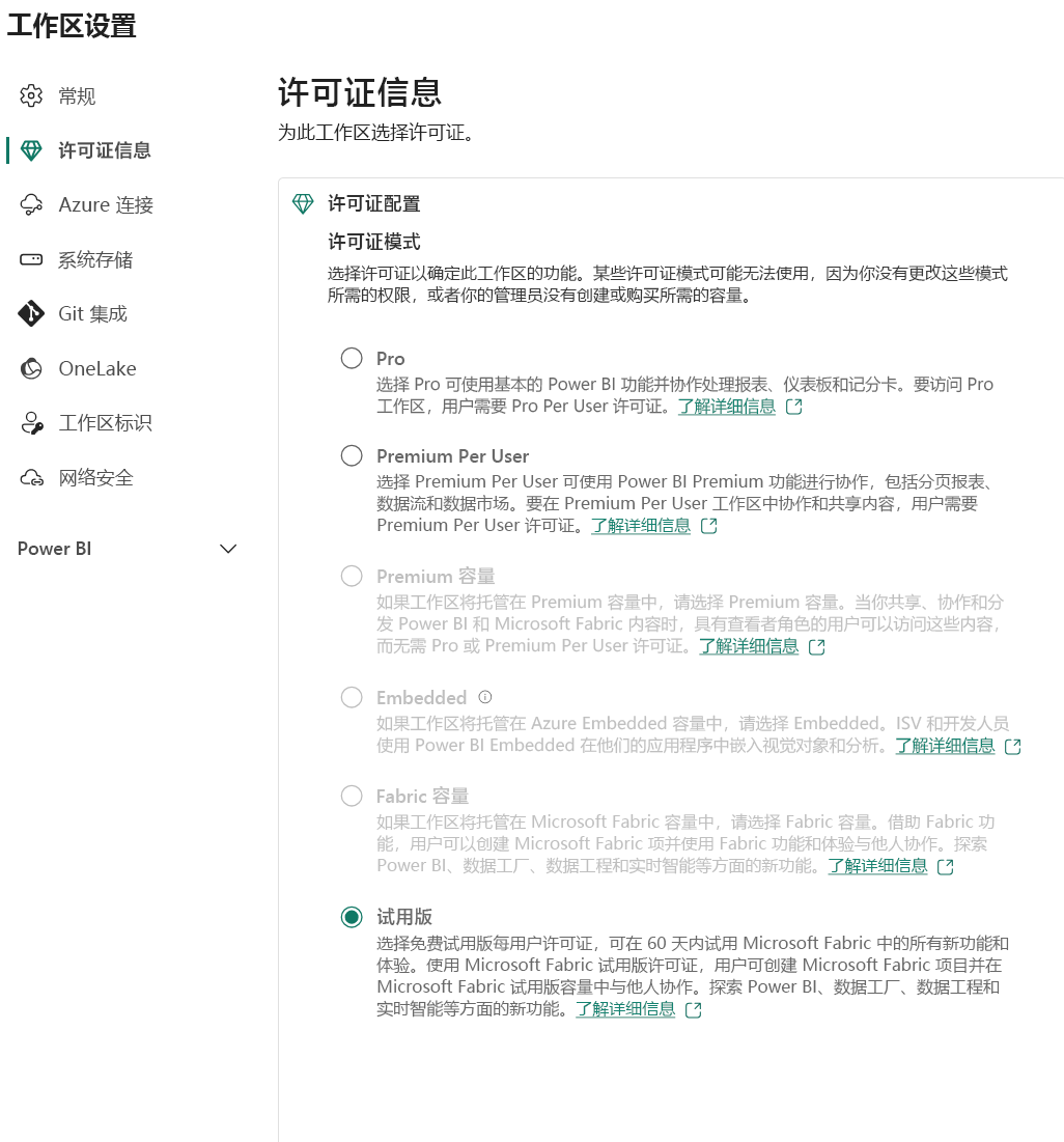 工作区许可证模式选项的屏幕截图，其中包括试用版和 Fabric 容量。