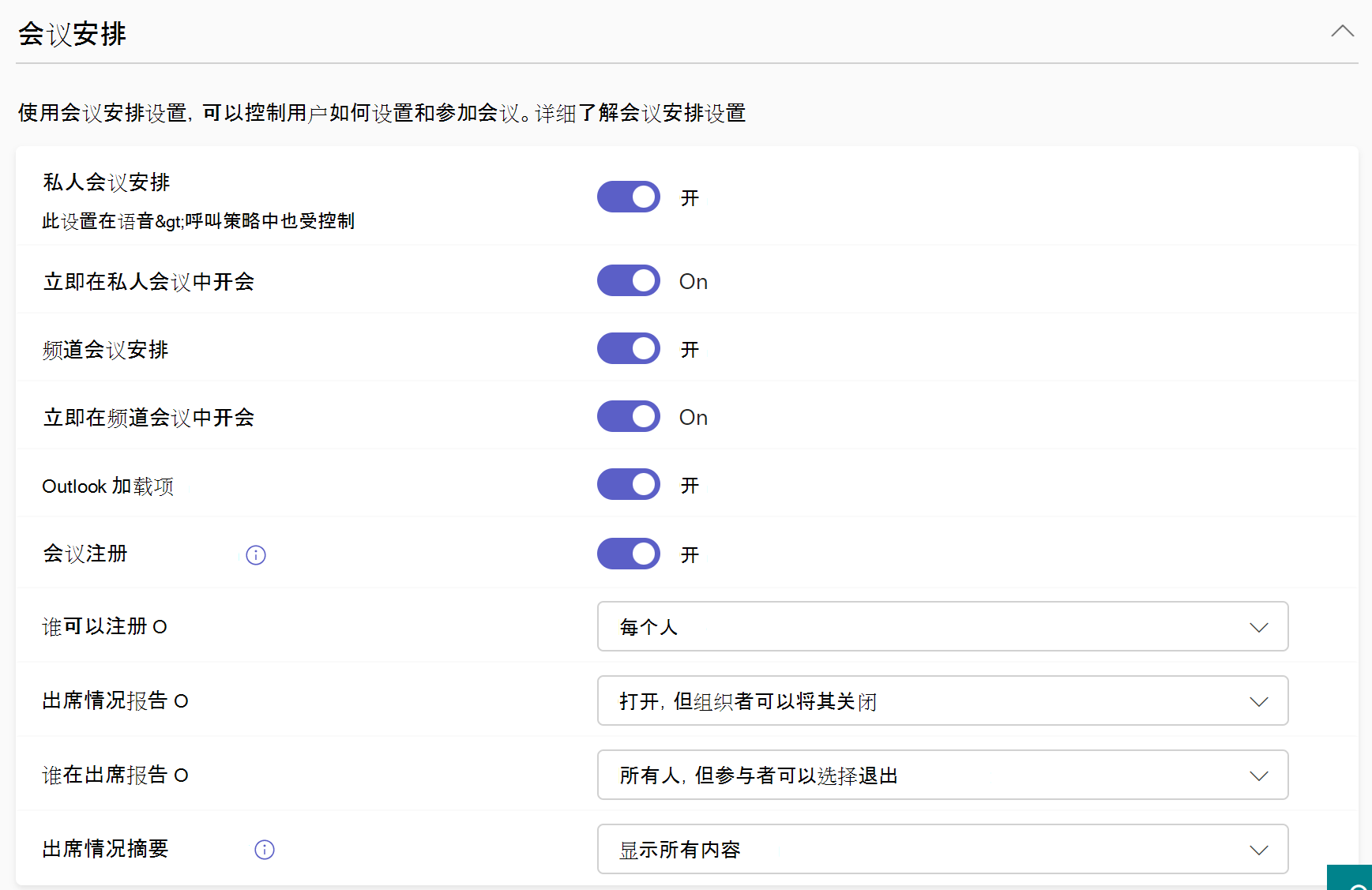 会议策略中的会议安排设置的屏幕截图。