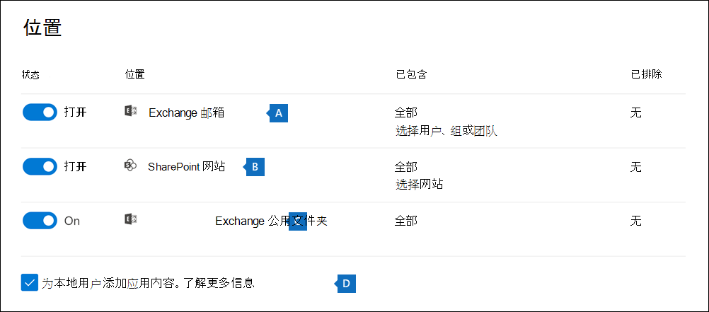 显示“新建搜索”向导中“位置”页的屏幕截图，其中突出显示了三个位置。