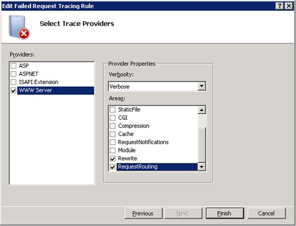 “编辑失败的请求跟踪规则”窗口的屏幕截图。在“提供程序”部分选择了“W W W 服务器”。