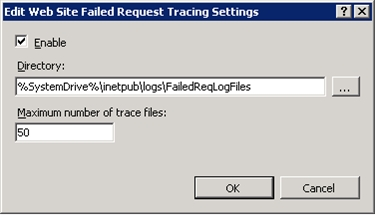 “编辑网站失败的请求跟踪设置”对话框的屏幕截图。
