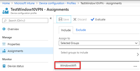 显示 Windows 组的已分配 VPN 配置文件的屏幕截图。