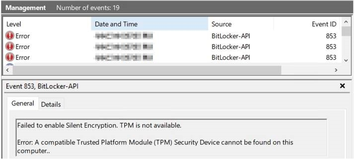 事件 ID 853（TPM 不可用，找不到 TPM）的详细信息的屏幕截图。