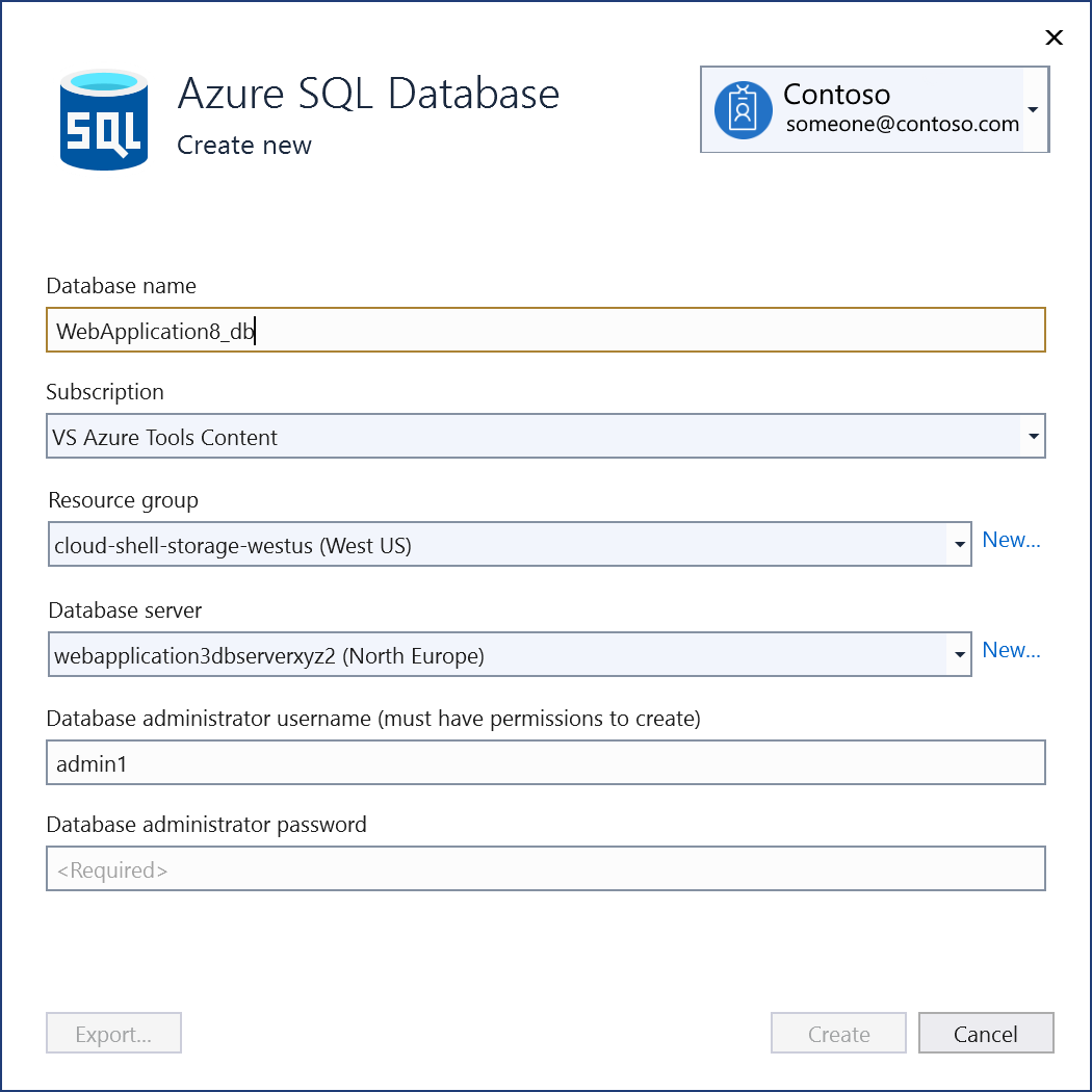 显示“新建 Azure SQL 数据库”屏幕的屏幕截图。