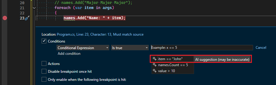 条件断点的 Copilot 建议的屏幕截图。
