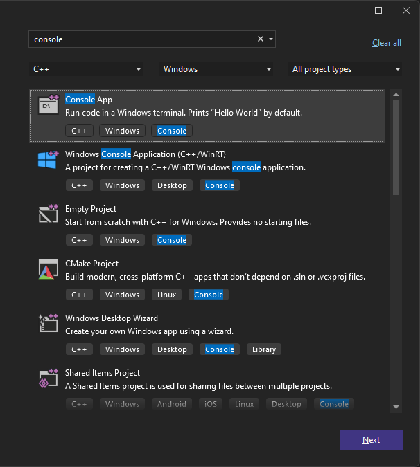 Screenshot of choosing the C++ template for the Console App.