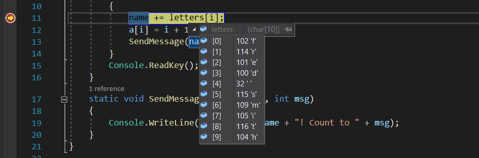 调试器在“name+= letters[I]”语句处暂停的屏幕截图。