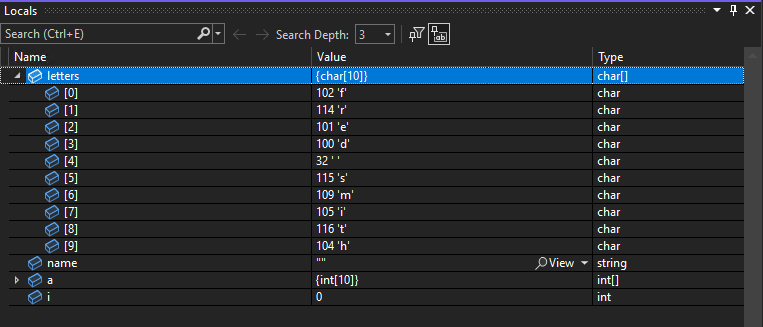 Visual Studio 2022 中“局部变量”窗口的屏幕截图，其中的“letters”数组变量已展开。