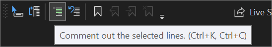 Visual Studio 2022 中“文本编辑器”工具栏的“注释掉”按钮的屏幕截图。