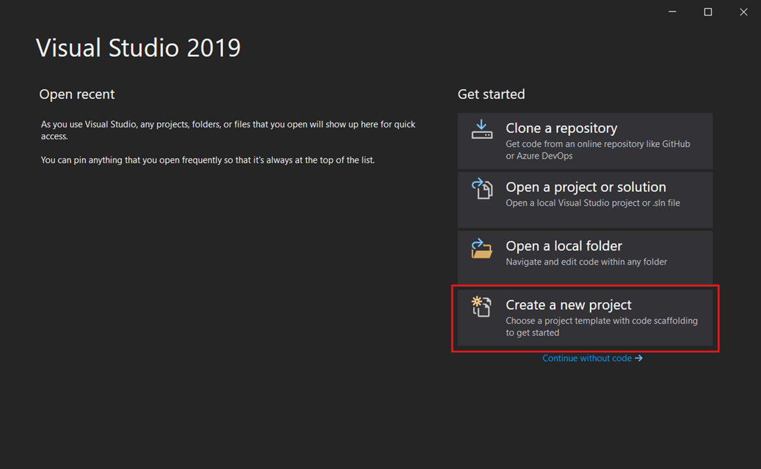 Screenshot showing the Visual Studio start window with 'Create a new project' selected.