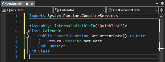 屏幕截图，显示添加 Imports 语句和 Assembly 属性行后 Visual Basic 代码编辑器窗口中Calendar.vb的代码。
