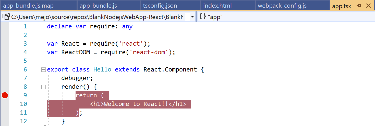Screenshot showing a breakpoint set on the return statement of the render function in app dot t s x.