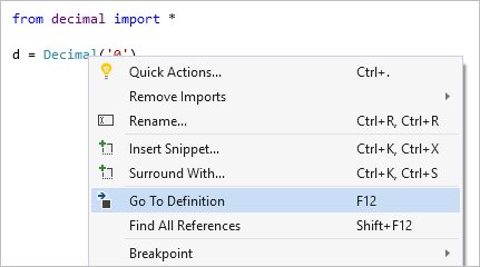 显示 Visual Studio 中“转到定义”命令的屏幕截图。