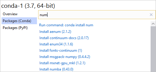 Conda 包选项卡，其中显示了 conda 安装命令