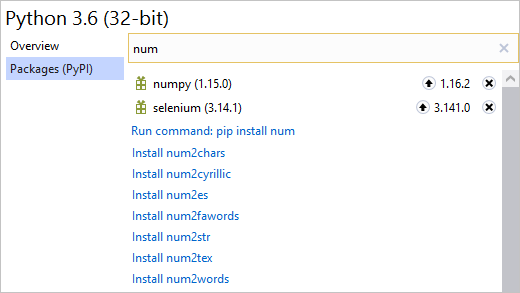 可以搜索“num”的 Python 环境程序包选项卡