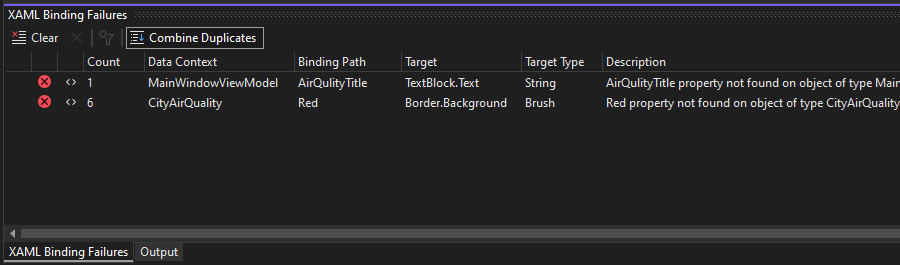 “XAML 绑定失败”工具窗口的屏幕截图。