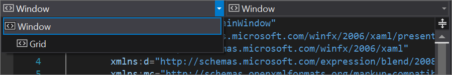 Visual Studio 中的 Element: Window 下拉列表