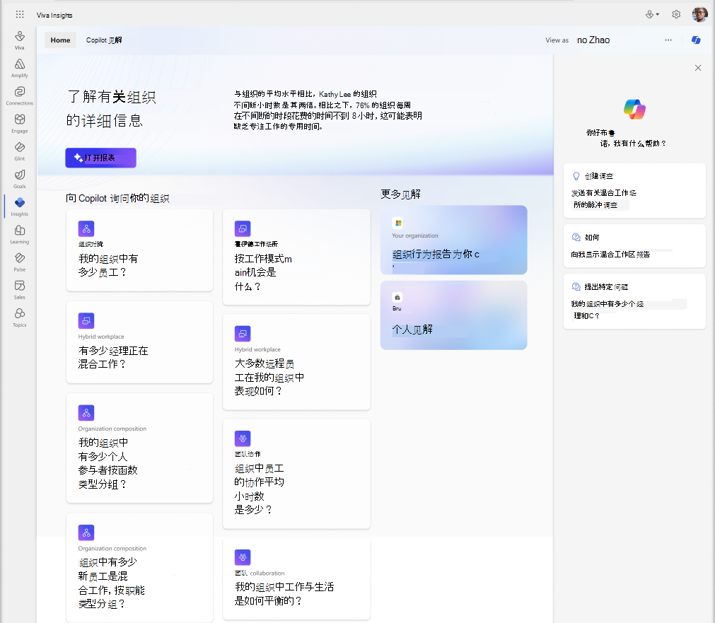 显示用于组织见解的 Copilot 报表的屏幕截图。
