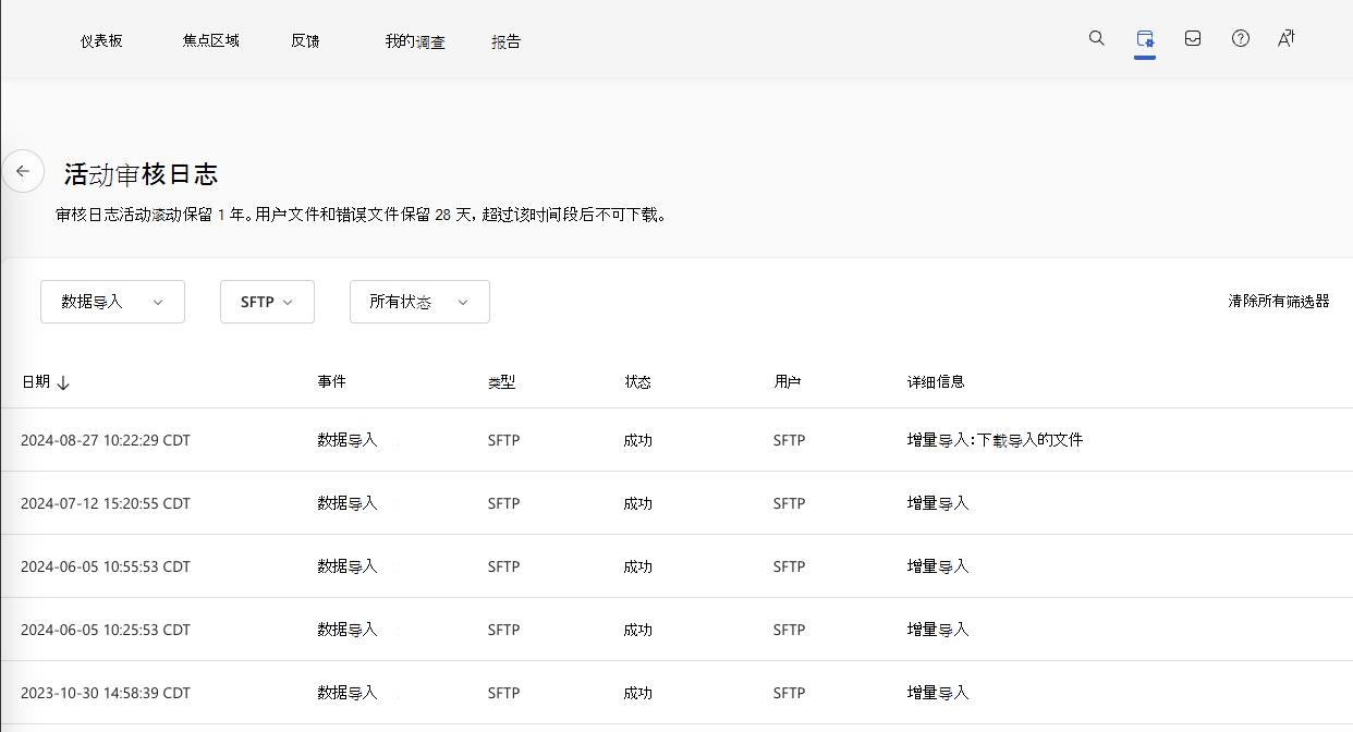 筛选为 SFTP 导入的数据导入活动的活动审核日志的屏幕截图。