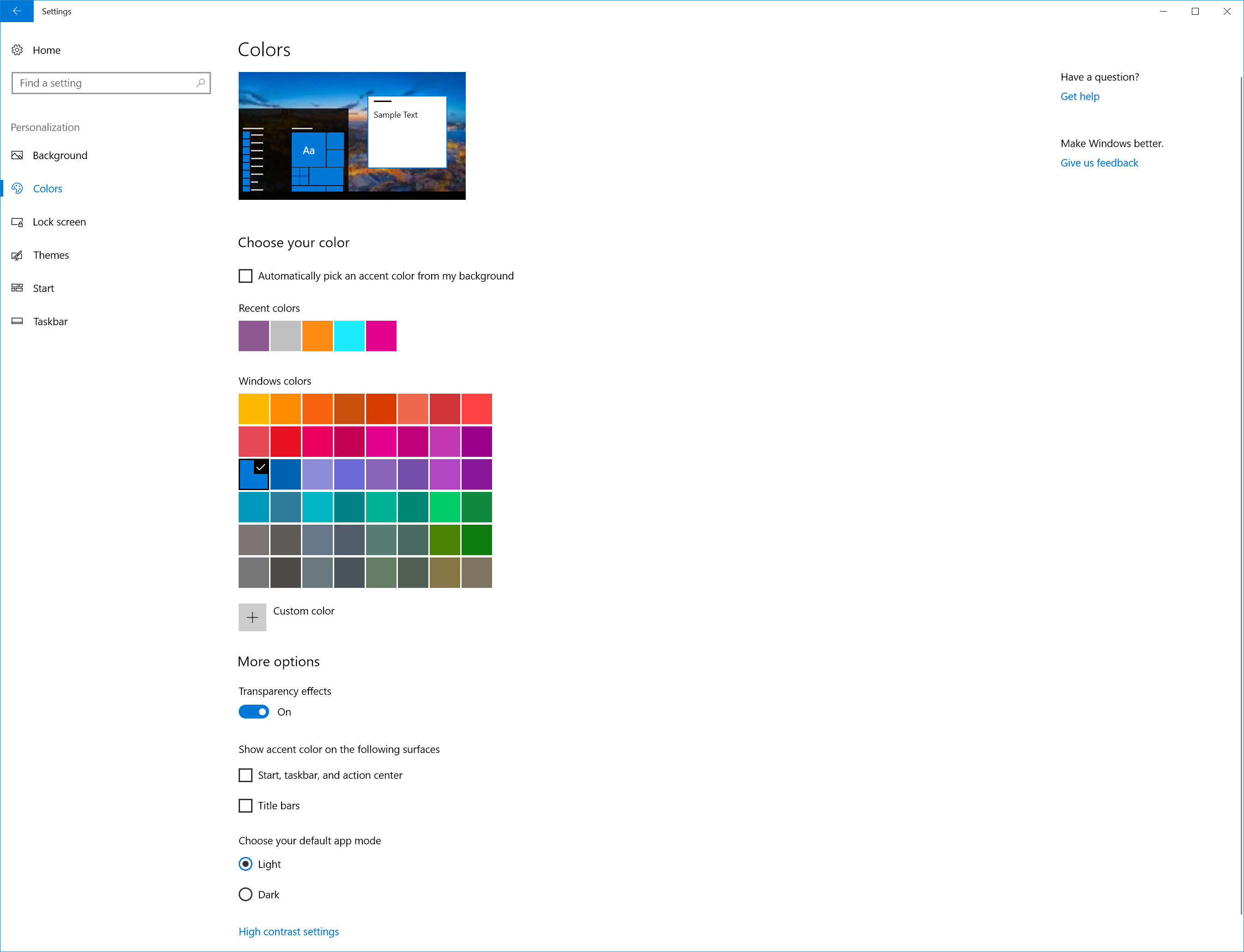 Colors section of Personalization settings