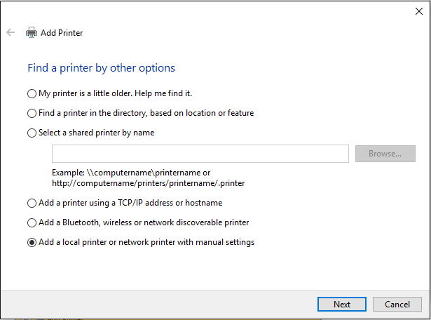 add a local printer or network printer with manual settings.