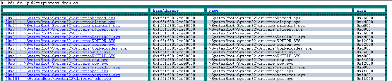 dx -g @$curprocess.modules 命令的输出的屏幕截图，其中显示了列网格输出。