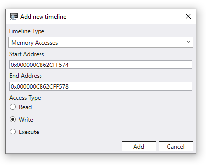 添加时间线内存访问对话框，并选择“写入”按钮。