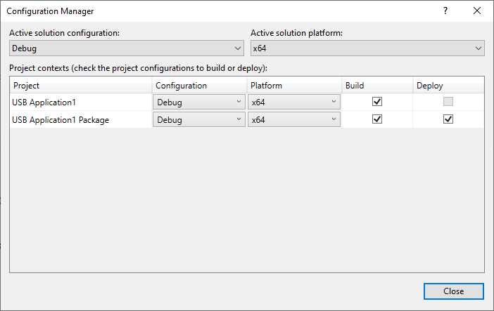 显示“Configuration Manager”窗口的屏幕截图，其中选择了“调试”和“x64”。