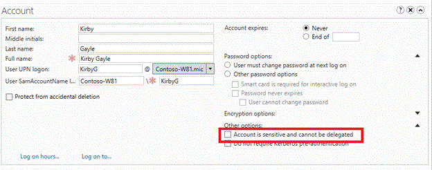突出显示“敏感帐户，不能被委派”复选框的屏幕截图。