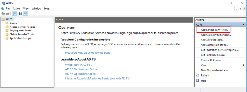 Screenshot that highlights the Add Relying Party Trust action.