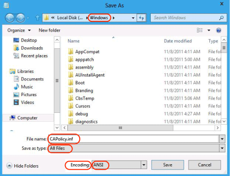 CAPolicy.inf 文件的另存为位置
