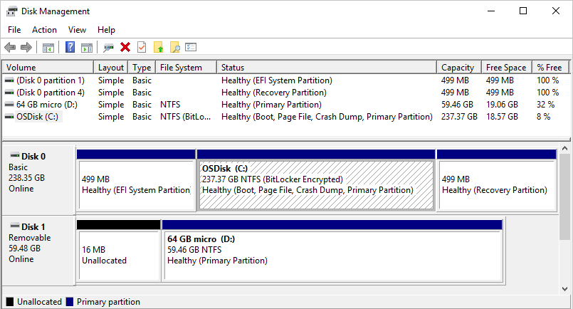 显示 Windows 中的磁盘管理实用工具（如本文中所述）的屏幕截图。