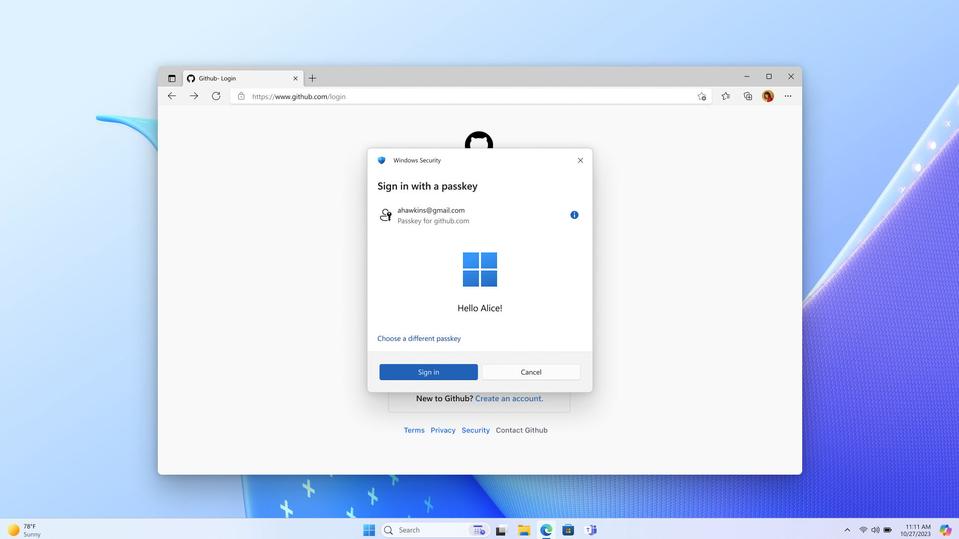 使用 Windows Hello 登录成功