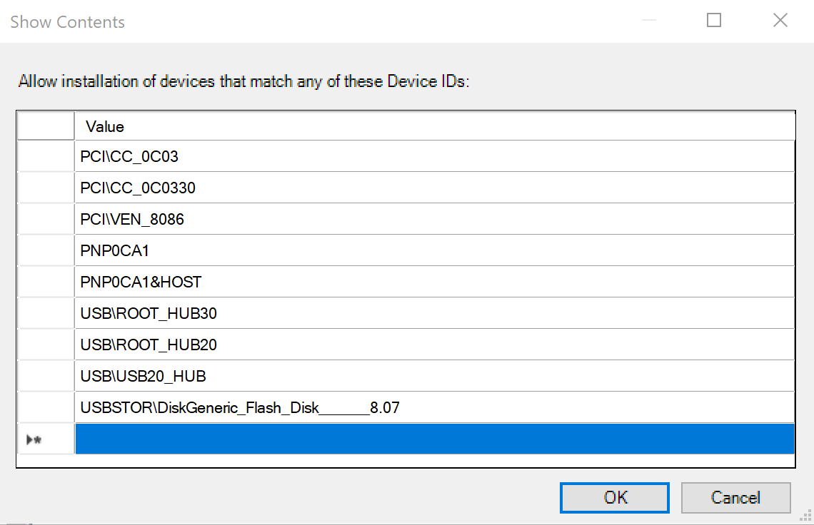已为策略“允许安装与其中任何设备 ID 匹配的设备”配置的设备示例列表的图像。