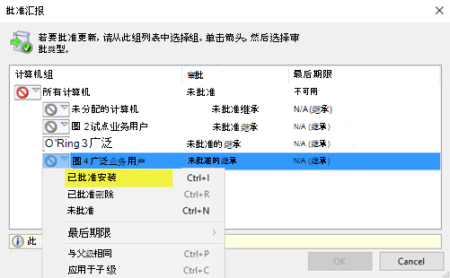 在 WSUS 管理控制台中选择“批准”进行安装。